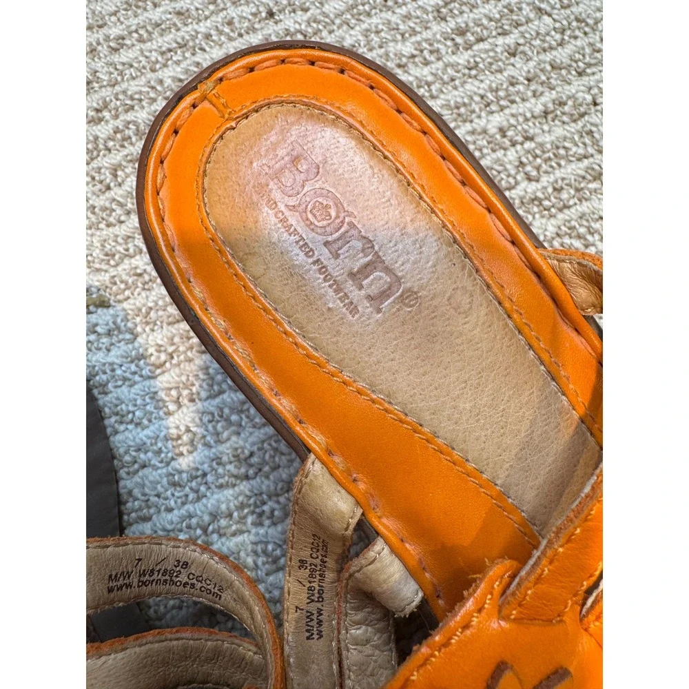 Born Orange Leather Flower‎ Wedge Sandals Women US Size 7 EU 38